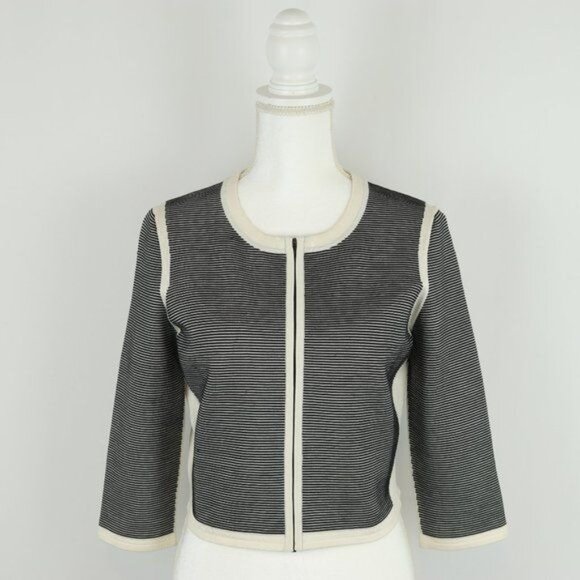 Narciso Rodriguez Women's Size 10 Black Cream Striped Silk Blend Zip Cardigan - Picture 1 of 8